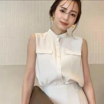 anuans 백 새틴 밴드 카라 슬리브리스 블라우스 에크루