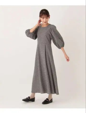애프터눈 티 체크 퍼프 슬리브 원피스