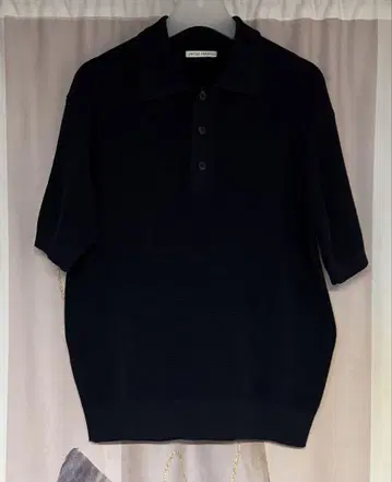 유나이티드 애로우즈 버즈아이 와플 코튼 니트 피케 셔츠 네이비