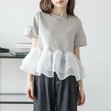 La-gemme 시어 프릴 티어드 페플럼 도킹 상의 그레이