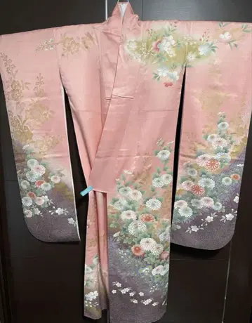 후리소데 순수 실크 겹옷 국화 벚꽃 금실 금박 핑크
