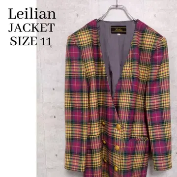 Leilian 노카라 더블 자켓 체크 무늬 퍼플 사이즈 11
