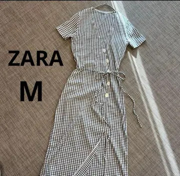 새상품급 ZARA 자라 체크 무늬 반팔 셔츠 원피스 화이트 블랙 리본