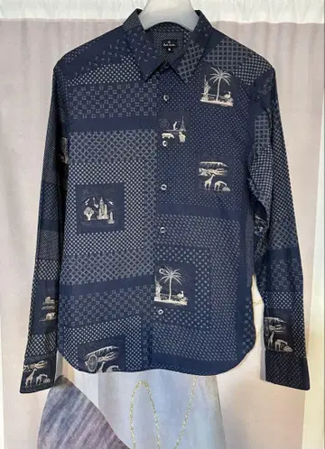 폴스미스 지오메트릭 월드포토 애니멀 패턴 셔츠 네이비