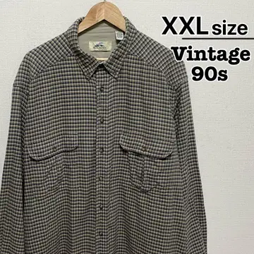 90s USA 구제 플란넬 셔츠 2XL 체크 무늬 베이지 네이비