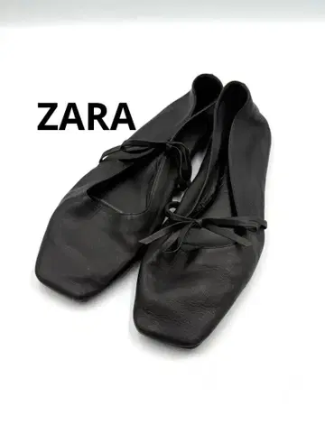 ZARA 블랙 가죽 플랫슈즈 리본 스퀘어토 25.5cm