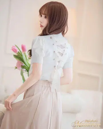 미셸 마카롱 레이스업 리본 상의 택 포함