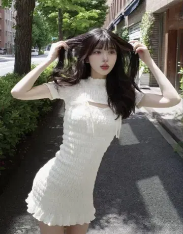 다리치 리본 셔링 미니 원피스 아이보리 화이트