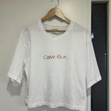 Calvin Klein 크롭 T셔츠 XS 화이트 레인보우 문자