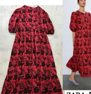 ZARA 빨간색 블랙 플라워 무늬 롱 원피스 반팔