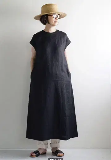 무인양품 헴프 워싱 프렌치 슬리브 원피스 블랙 롱 기장