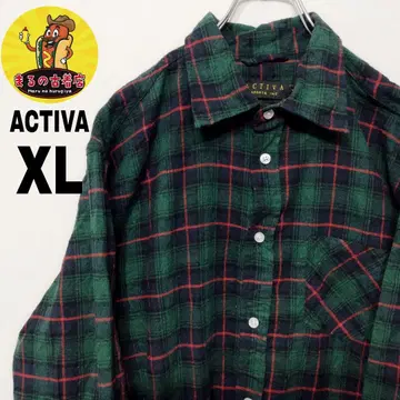 USA 구제 의류 ACTIVA 플란넬 셔츠 XL 그린 네이비 체크