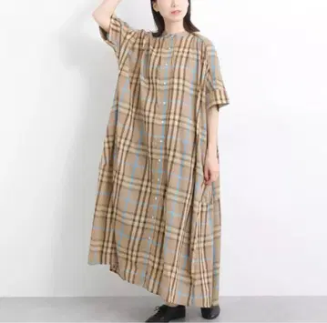 Noia 코튼 모달 얀 다이 체크 셔츠 원피스 베이지