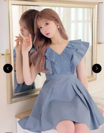 mmeeme 엠에메 백리본 프릴 원피스 스카이블루 블루 데님