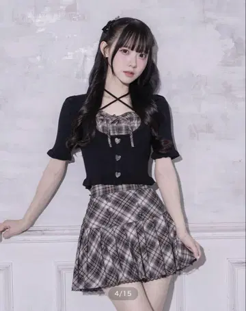 pium 하트 버튼 니트 프론트 버튼 체크 플리츠 미니 스커트