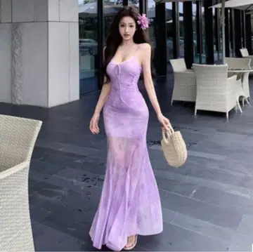 퍼플 쉬폰 슬림핏 드레스