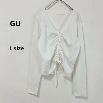 지유 GU 프론트 드로우 스트링 T 긴팔 L 화이트 V넥