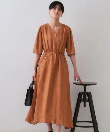 오렌지 V넥 롱 원피스 반팔