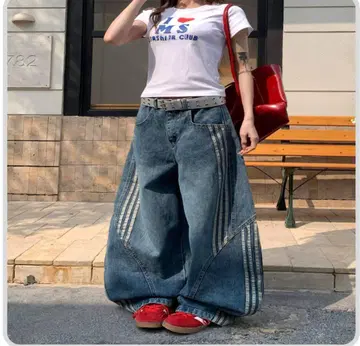 스트라이프 디자인 와이드 데님 팬츠 빅 사이즈 빅 루즈 청바지