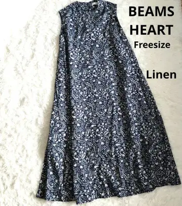 새상품급 BEAMS HEART 세탁 가능 린넨 꽃무늬 롱 원피스 프리