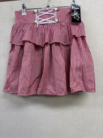 새상품 유메텐보 deary 프릴 달린 빨흰 깅엄 체크 미니 스커트