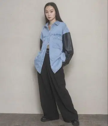 JEANASIS 데님 셔츠 긴팔 가죽 오버사이즈