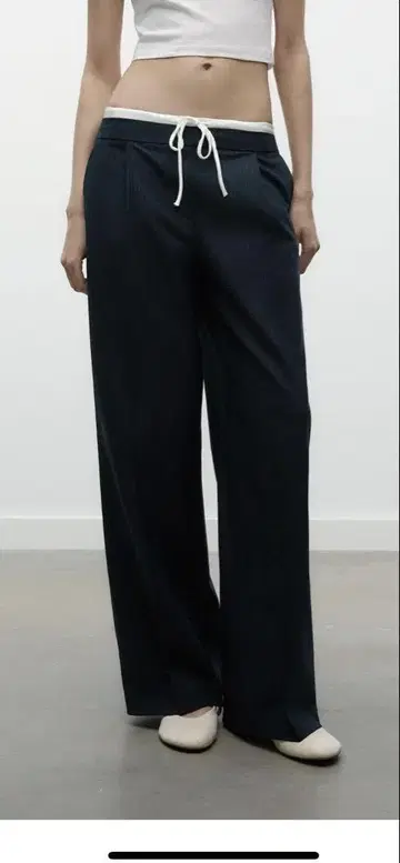 ZARA WIDE-LEG 팬츠 더블 허리 밴딩 스트라이프 XS