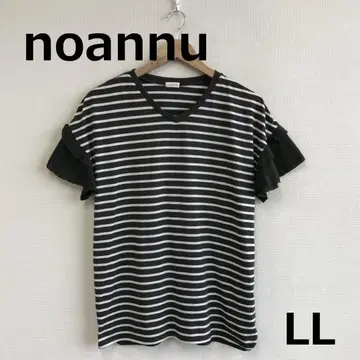 C0818A12 [noannu] 보더 소매 이소재 프릴 티셔츠