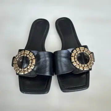 ZARA 샌들 플랫슈즈 골드 가죽 블랙 24.5