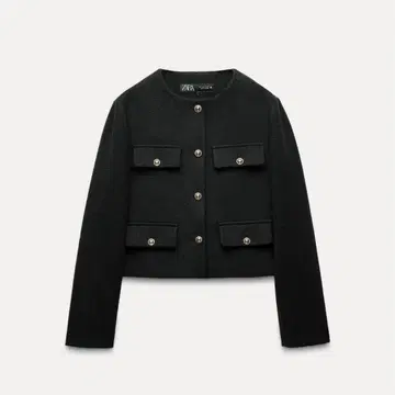 ZARA 크롭 블레이저 플랩 노카라 트위드 자켓 블랙 XS