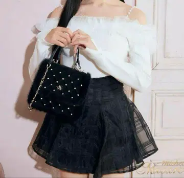미셸 마카롱 슬림 레그 스커트 체크 튤 플레어 벨로아 리본 블랙