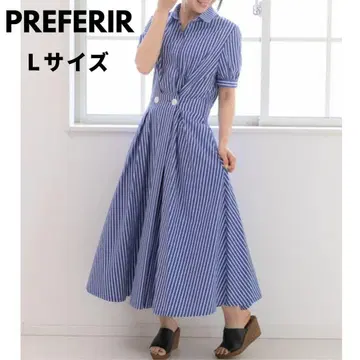 [ PREFERIR ] 셔츠 원피스 스트라이프 L 블루 플레어 롱