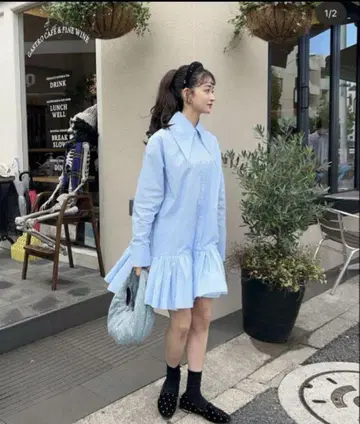 bibiy 스카이블루 셔츠 원피스 긴팔