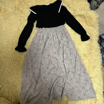 롱 원피스 블랙 베이지 플라워프린트