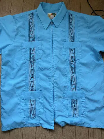 GUAYABERA 터콰이즈 블루 반팔 집업 쿠바 셔츠