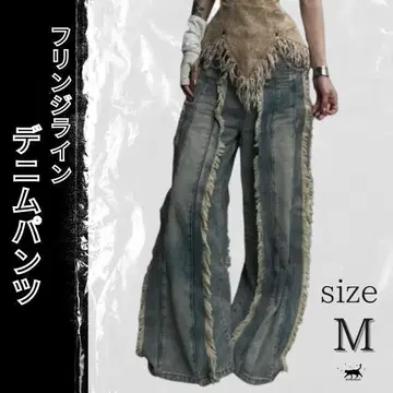 데님 팬츠 프린지 라인 M 와이드 팬츠 청바지 워싱 가공