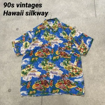 90s 빈티지 Hawaii silkway 실크 100% 파랑 알로하 M