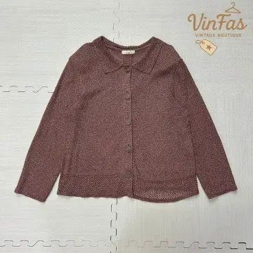 vintage 와인 레드 니트 가디건 카라 부착 긴팔 클래식