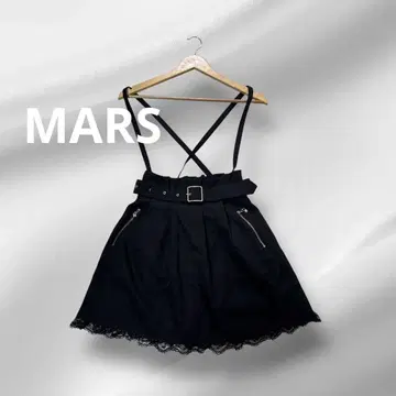 MARS 블랙 플레어 스커트 크로스 스트랩 밑단 레이스 하트 참
