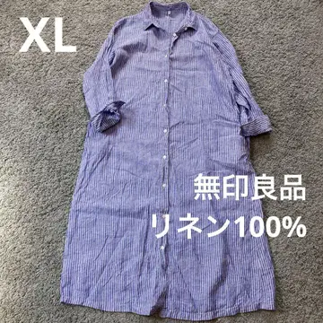 무인양품 워싱 프렌치 린넨 긴팔 셔츠 원피스 스트라이프 XL