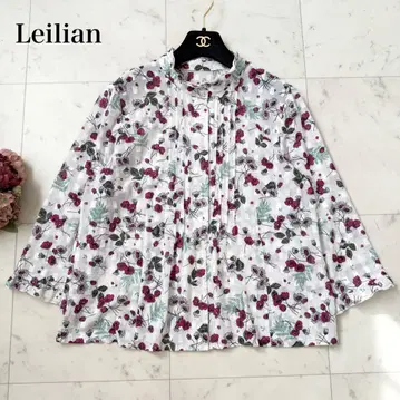 최근 모델 빅 사이즈 XL 블라우스 꽃무늬 7부 소매 프릴 Leilian