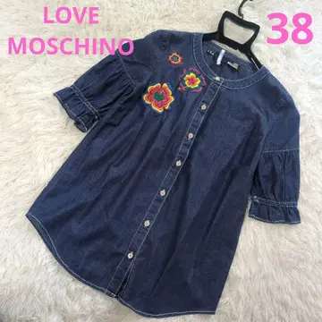 LOVE MOSCHINO 하이비스커스 자수 데님 셔츠 퍼프 슬리브 M