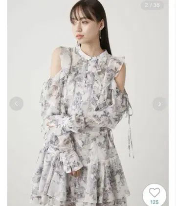 snidel 스나이델 프린트 프릴 쉬폰 미니 원피스 그레이