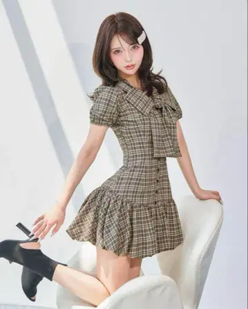 Darich 빅 리본 벌룬 체크 미니 원피스