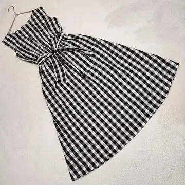 고품질 GU 원피스 허리 리본 깅엄 체크 슬리브리스 블랙 L