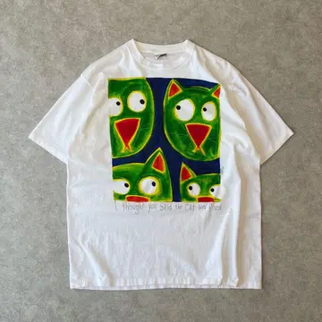 90s 고양이 아트 티셔츠 빈티지 구제 캣 애니멀 티셔츠 화이트