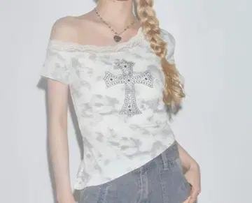큐빅 비대칭 크로스 셔츠 레이스 오프숄더 그런지