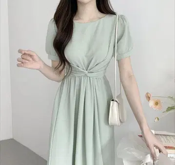 미사용 민트 그린 허리 리본 플레어 원피스