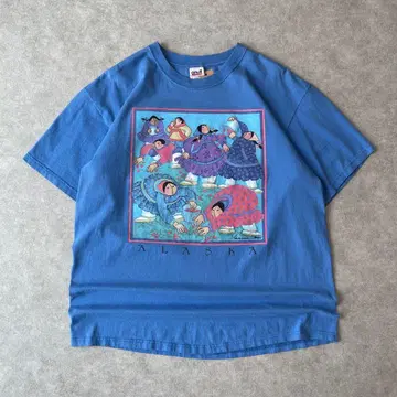 90s 알래스카 아트 티셔츠 빈티지 구제 의류 파랑 블루 코튼