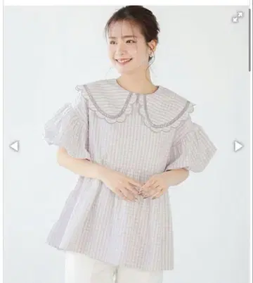 핏모어 깅엄 스캘럽 옷깃 블라우스 퍼플 그레이